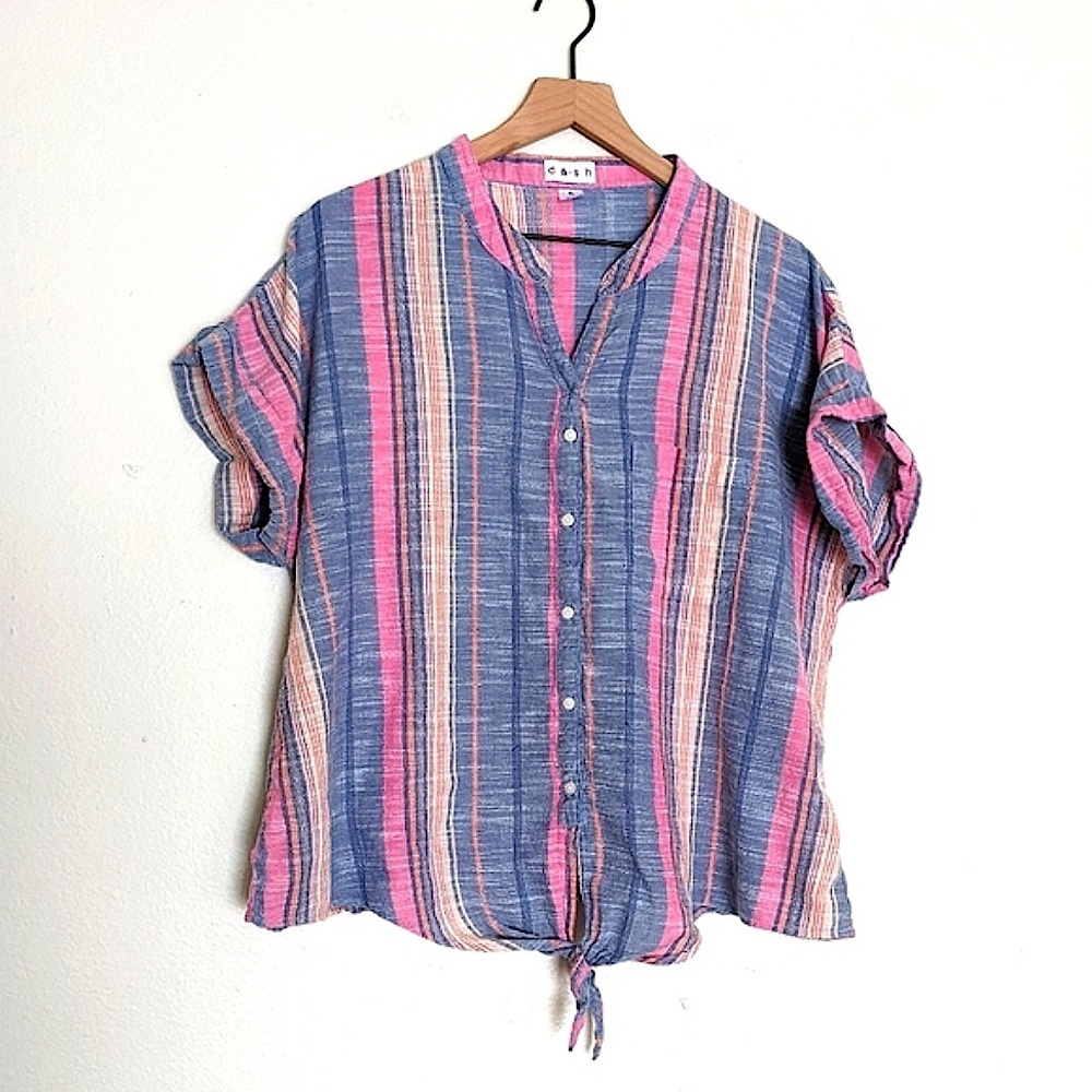 DASH Tie Front Striped Rolled Sleeve Summer Blouse size Extra Large